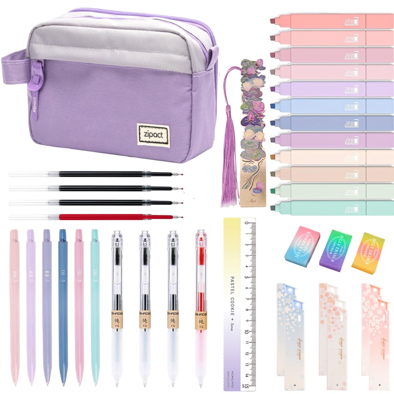 38 Pcs Aesthetic School Supplies with Large Pencil Case for Girls Boys Highlighters Mechanical Pencils Colour Pens Ruler Eraser Bookmark for for Students Back to School Stationery Set(Purple)