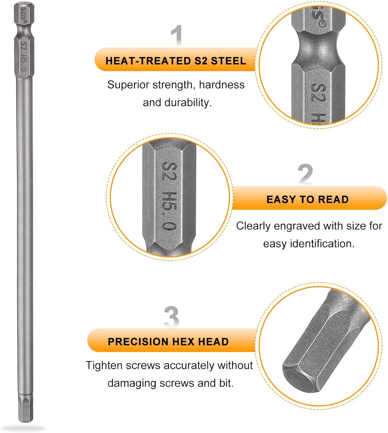 HARFINGTON 2pcs H5.0 Hex Head Drill Bit Wrench 5mm Metric Flat Tip 1/4" Hex Shank 300mm (12") Long Magnetic Hexagonal Screw Driver Socket Industrial Screwdriver Power Bits