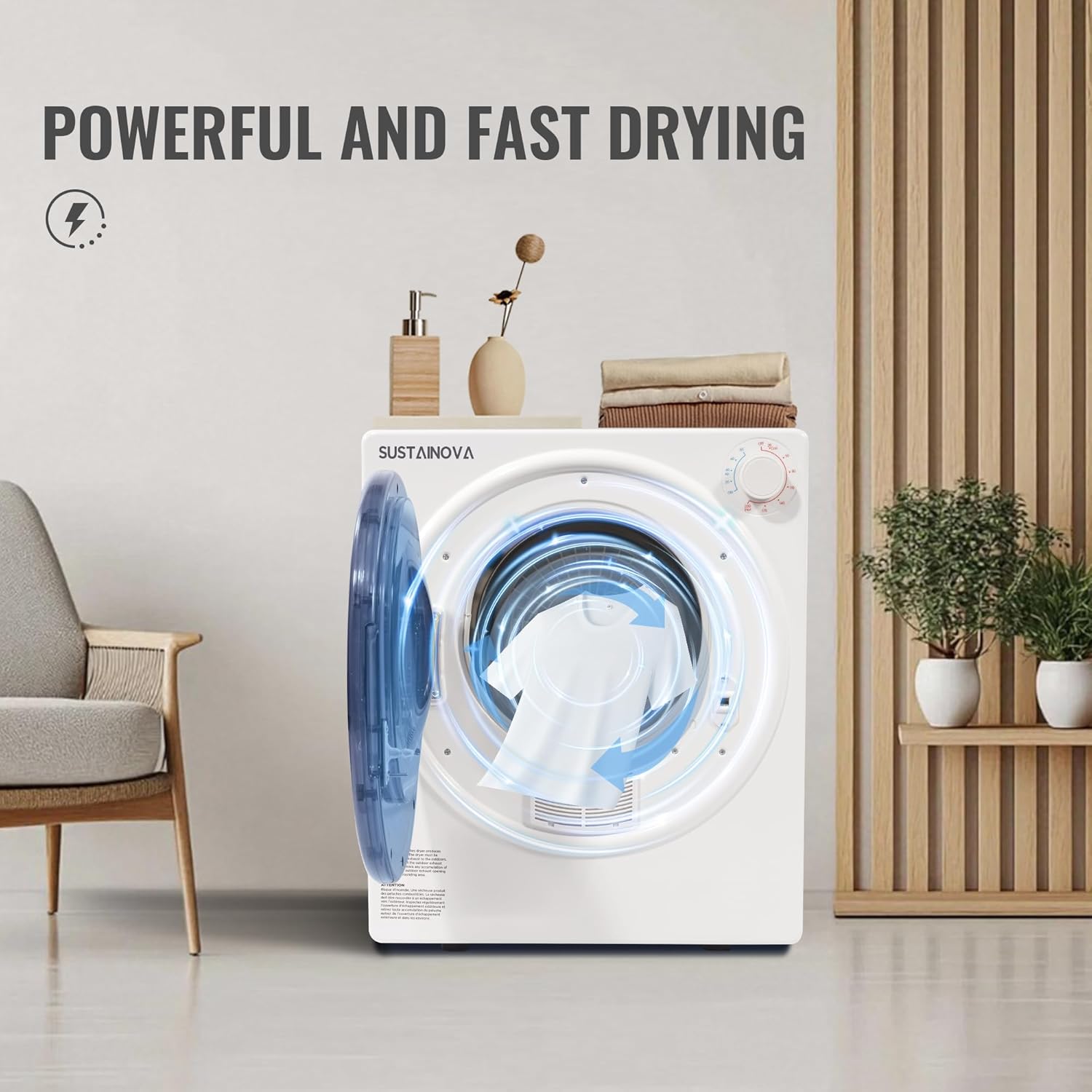 Image showing multiple mounting options for the Sustainova GYJ40-88 dryer: freestanding on a counter, wall-mounted above a counter, and stacked on top of a washing machine.