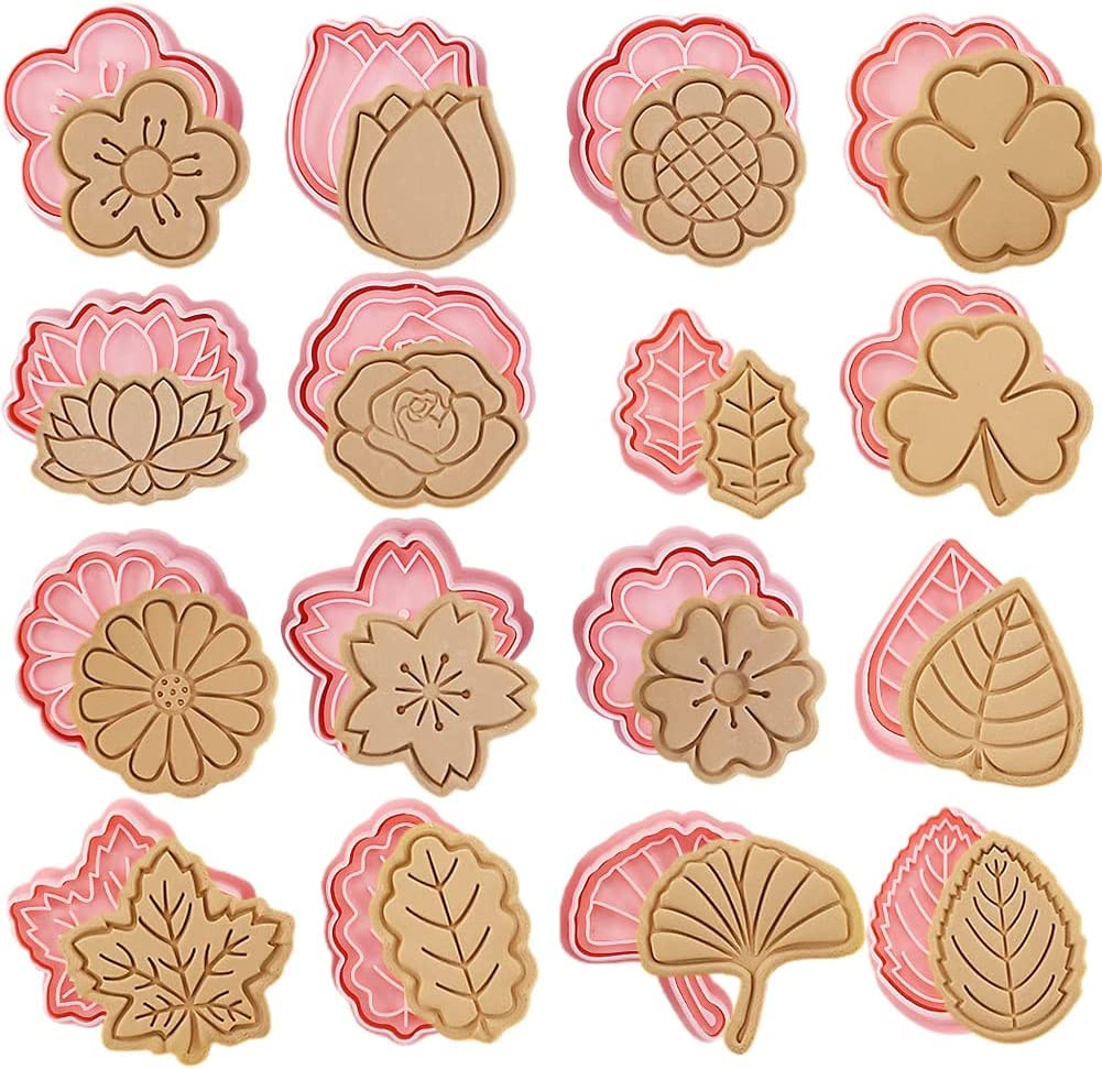 Yuniverse 16Pcs Flower Shaped Biscuit Cutter DIY Cookie Stamps Plastic 3D Cartoon Pressable Biscuits Mold Kitchen Baking Supplies Fondant Pastry Mould