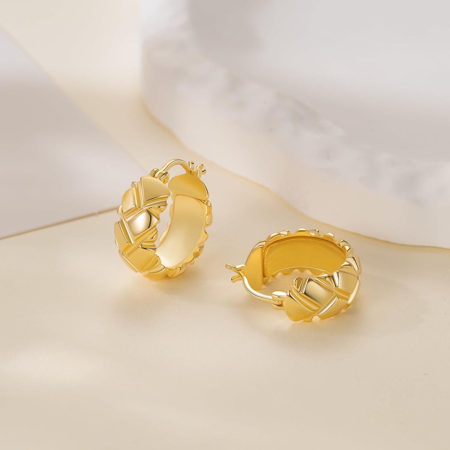 ELEBEST 14K Gold Plated Hoop Earrings Gold Plated Earrings for Women Trendy Mature and Confident Look with Rhombic Engravings Thick Chunky Hoop Earring for Women 20mm