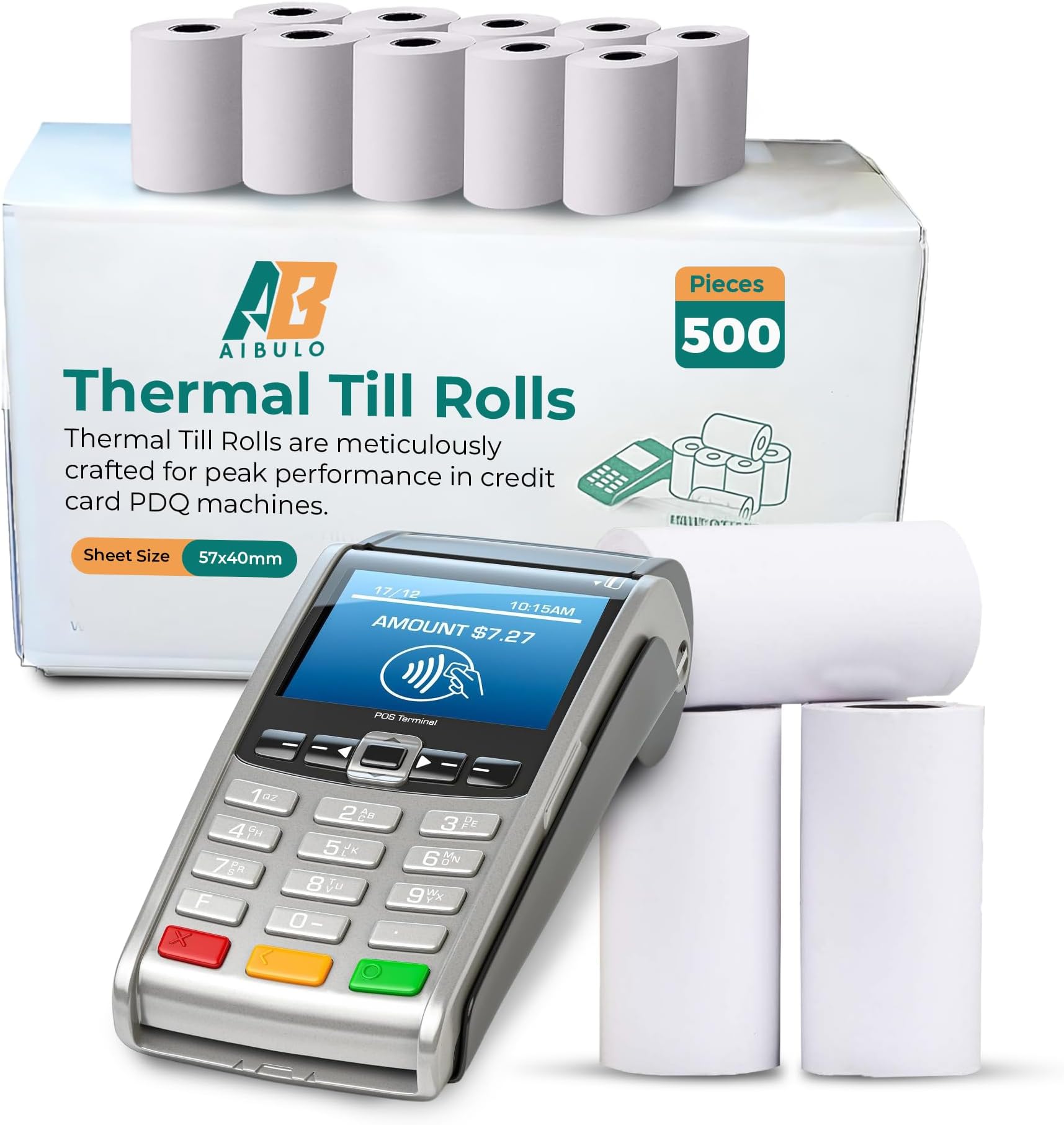 500 Pcs Aibulo Thermal Till Rolls 57x40mm for Credit Card Machines | Compatible with PDQ, POS, EPOS, Barclaycard, Verifone, Ingenico, Sagem, Spire, Pax, Worldpay - 14m Long