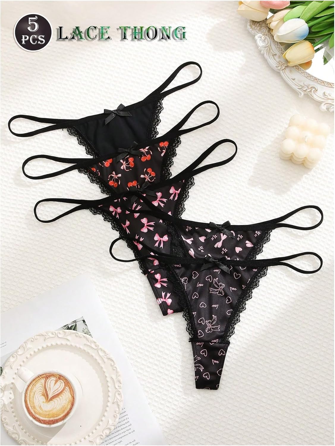 SweatyRocks Women's 5 Pack Lace Trim Thongs Bow Heart Cherry Print Low Rise Cheeky Underwear