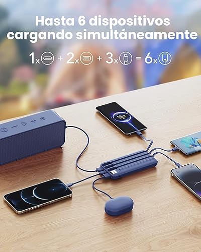 Miniatura 3 de charmast Cargador portátil con cables incorporados, banco de energía con cables, batería delgada de viaje de 10000 mAh, 6 salidas 3 entradas 3 A, C