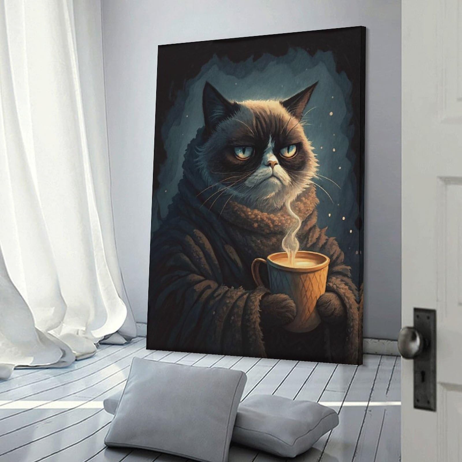 Junmoney Grumpy Cat with Coffee(2) Wall Picture Print, 24x36inch(60x90cm), for Feature Walls in Flats Or Modern Rooms, Decorative Artwork with Flexible Styling
