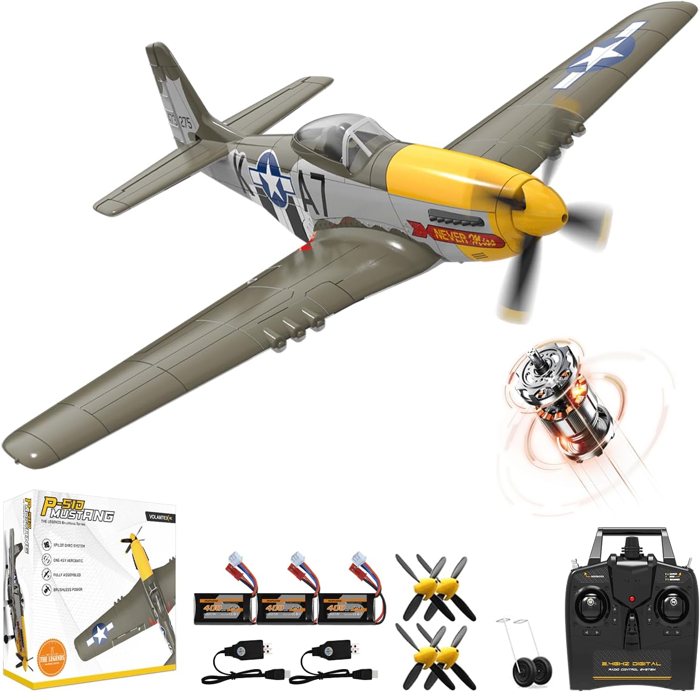 Volantexrc Brushless RC Planes for Adults,4-CH P-51D Mustang Remote Control Airplane,3 Flight Modes with Aerobatic,Wingspan 500mm,EPP Foam Material,3 Batteries,Suit to Intermediate or Expert Pilot