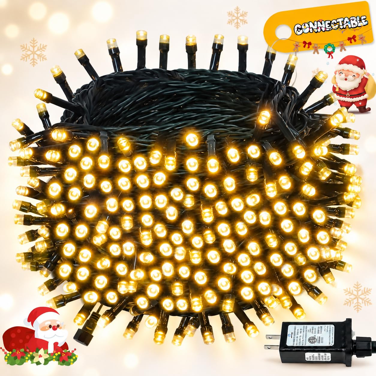 Connectable 99Ft 300LED Christmas String Lights Outdoor Indoor, Warm White