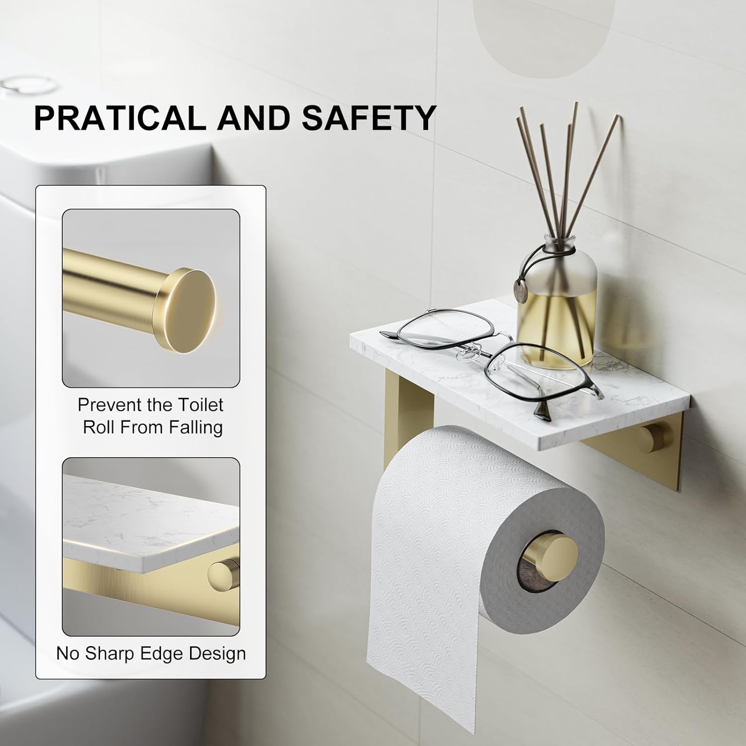 Brushed Gold Toilet Paper Holder with Marble Shelf, 304 Stainless Steel Tissue Hand Holder Wall Mounted Toilet Paper Roll Hold with Phone Shelf for Bathroom Kitchen Washroom Bedroom