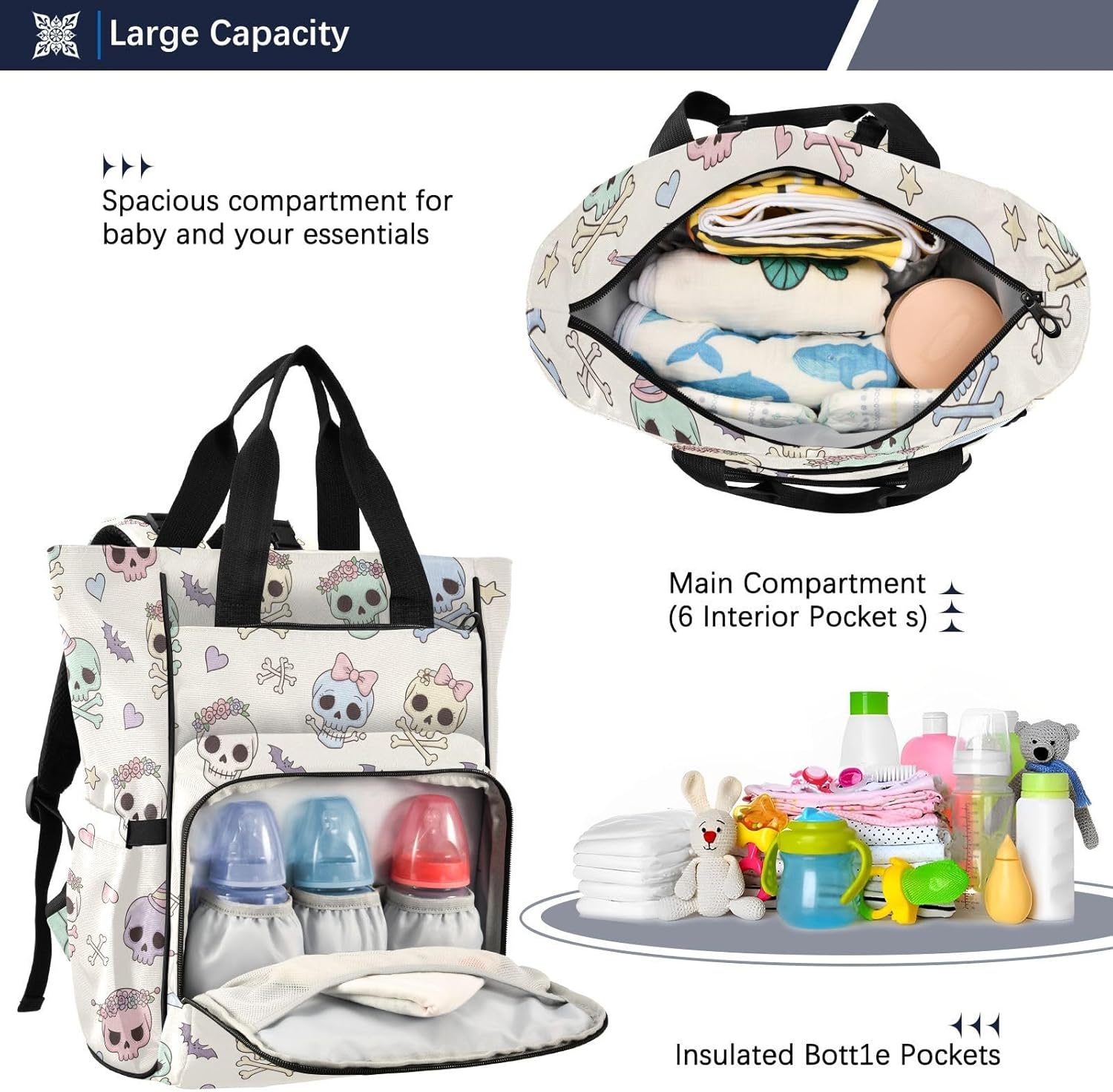 Cute Skulls Hearts White Pattern Diaper Bag Backpack for Baby Boys Girls Multifunction Baby Essentials Travel Tote with Stroller Straps & Bottle Storage Maternity Travel Bag for Traveling Baby