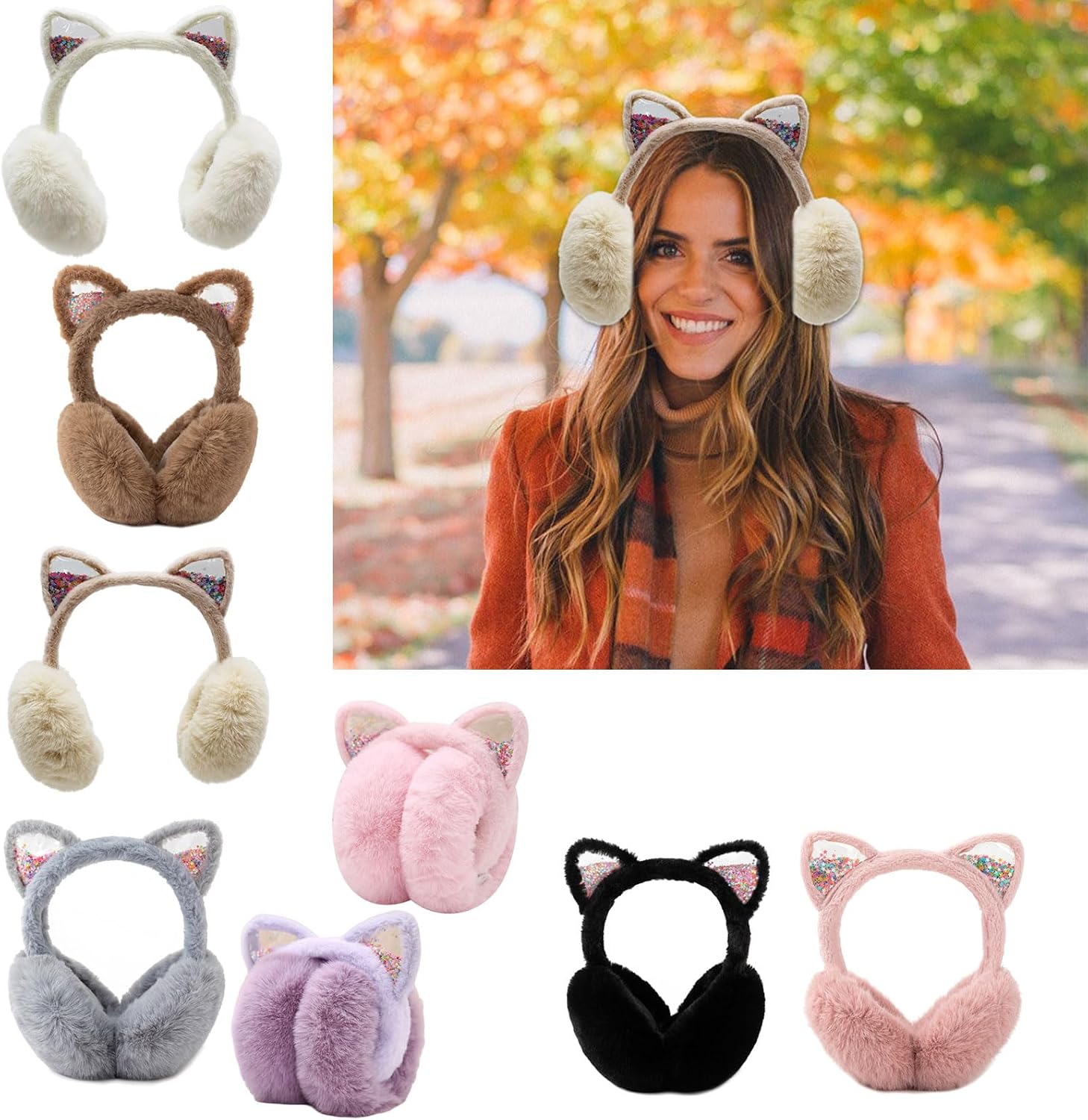 Adjustable Cartoon Kitten Earmuffs for Women 2000s Trend Star Sequins Millennial Devil Ear Warmers Photo Props Soft Plush