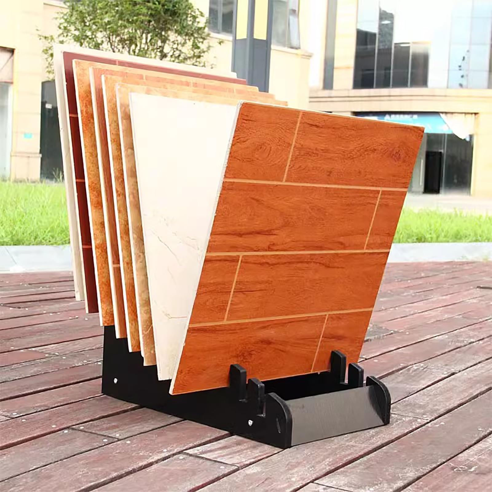 Jievmrs 10 Tile Display Rack Ceramic Sample Holder, Wood Quartz Stone/Marble Slab Organizer Shelf for Displaying, Portable Tile Stand for Exhibition Hall(XL)