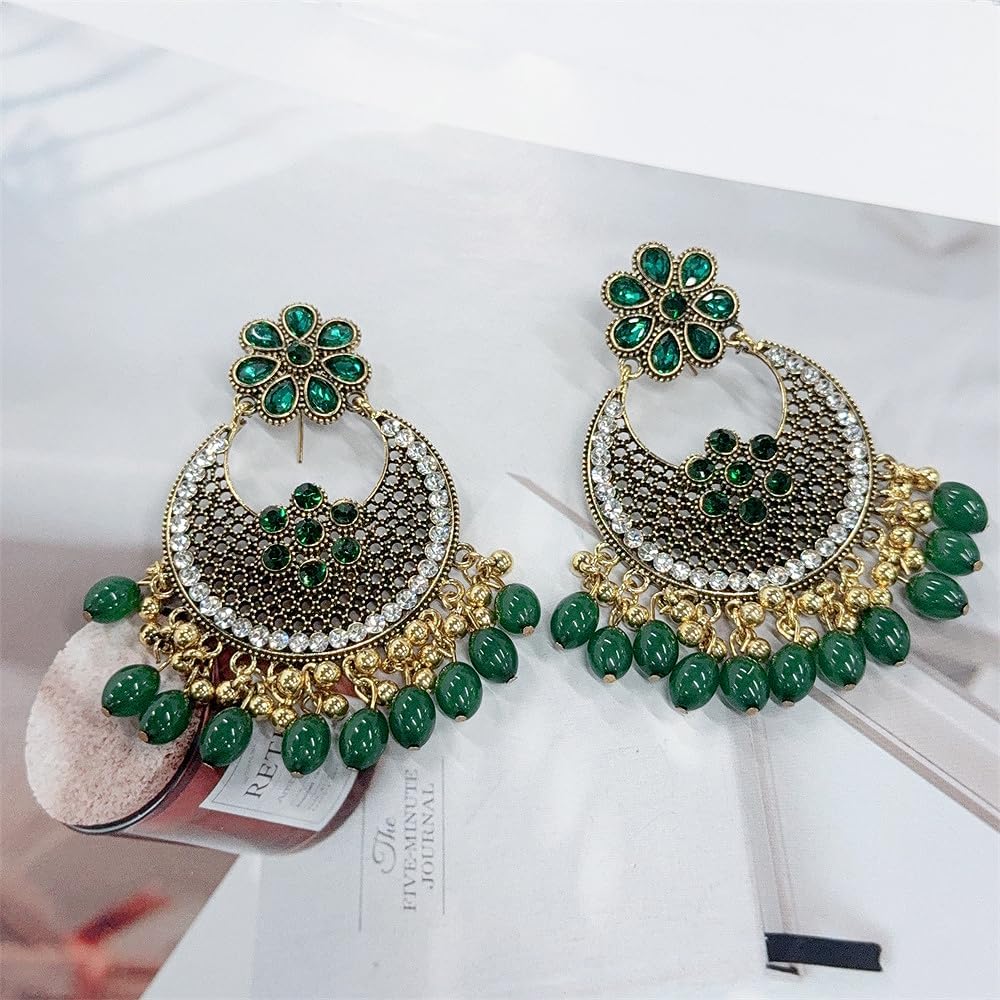 Boho Tassel Earrings for Women Vintage Floral Dangle Cubic Zirconia Flower Beaded Ball Chandelier Drop Jhumka Earrings for Festival Wedding Bollywood Party Fashion Indian Jewelry - Image 5