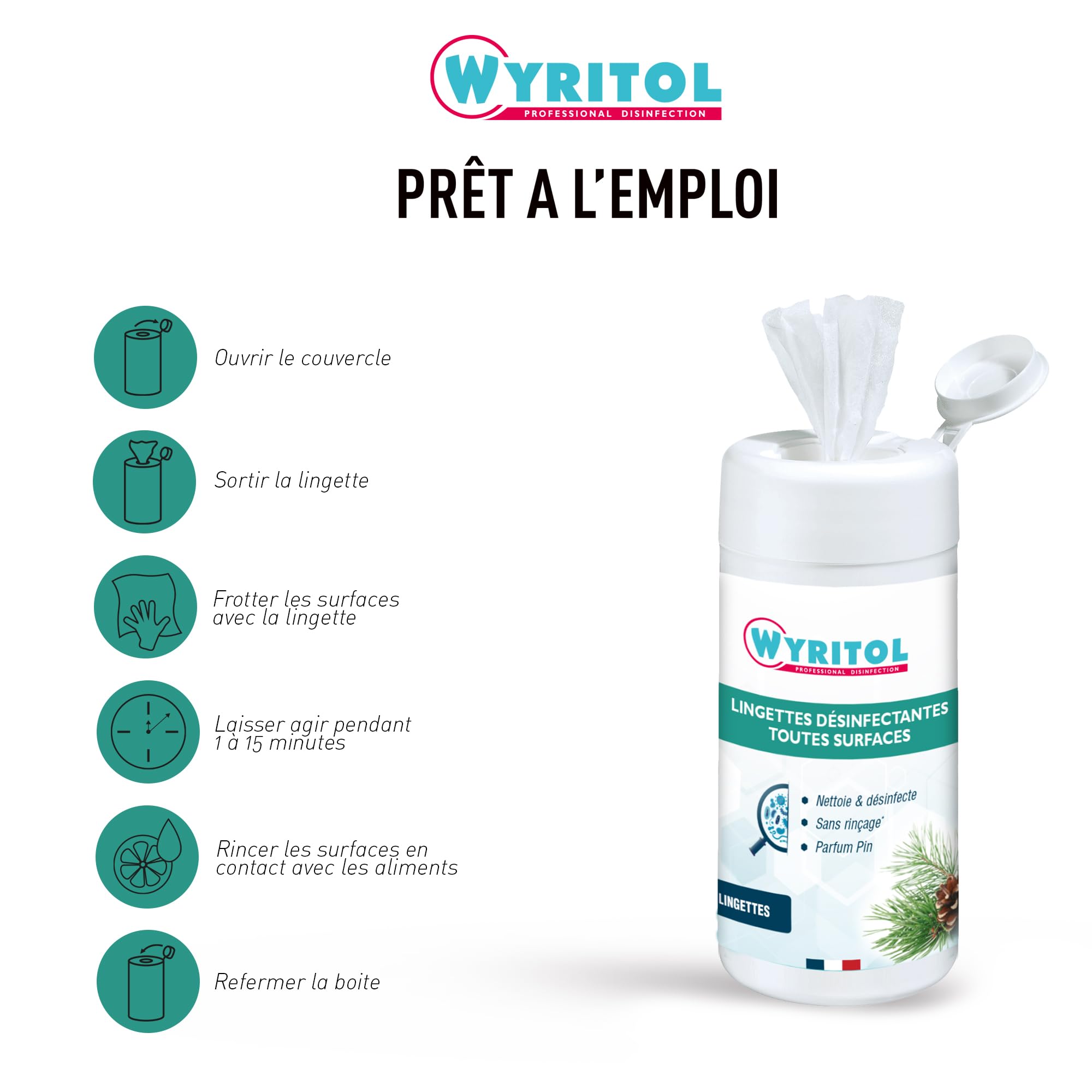 WYRITOL - Lingette désinfectante surfaces - nettoie et désinfecte - Sans rinçage - Usage unique - Multi usages - 120 pièces- Fabrication Française