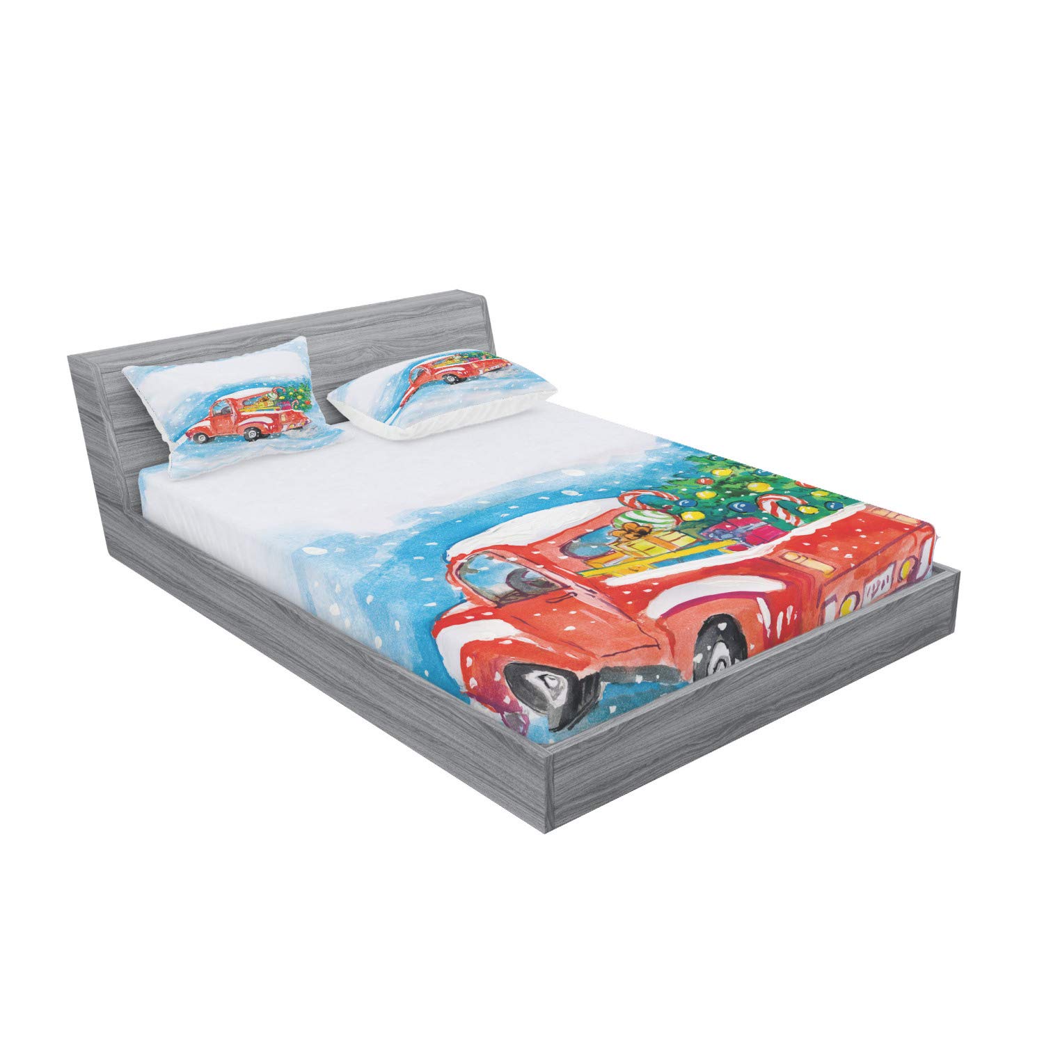 Ambesonne Christmas Fitted Sheet & Pillow Sham Set, Vintage Truck in Snowy Winter Scene Tree and Gifts Candy Cane Kids Print, Decorative Printed 3 Piece Bedding Decor Set, Full, Blue White Red