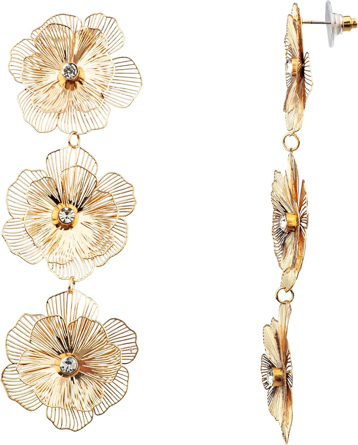 Nicole Miller New York Triple Flower Dangle Earrings, Gold Tone, Rhinestone Center, 3.8 inch Drop, Lightweight Fashion