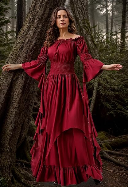 Victoriaanse jurk voor dames, hooglaag, pofmouwen, off-shoulder ruches, middeleeuws kostuum voor vrouwen, renaissance-jurk (S, zwart