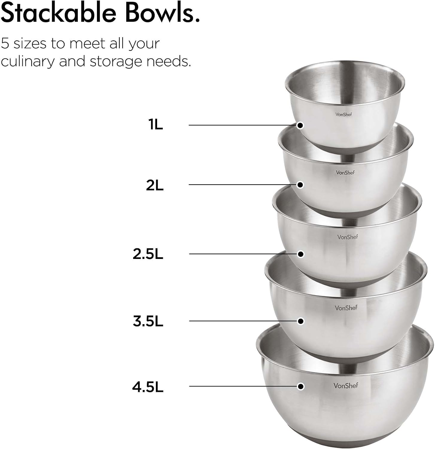 VonShef Nested Mixing Bowl Set With Lids, Non Slip Surface and Measurement Marks, Stainless Steel Mirror Finish Bowls (5 Piece - Gray)