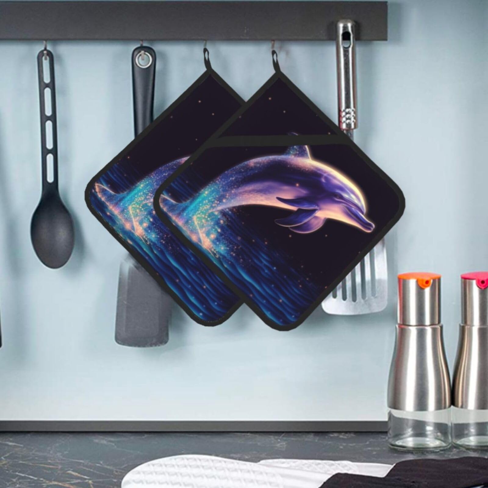 2 Pcs Pot Holders for Kitchen Heat Resistant Cotton Potholers Glitter Dolphin Oven Hot Pads for Microwave Cooking Baking BBQ
