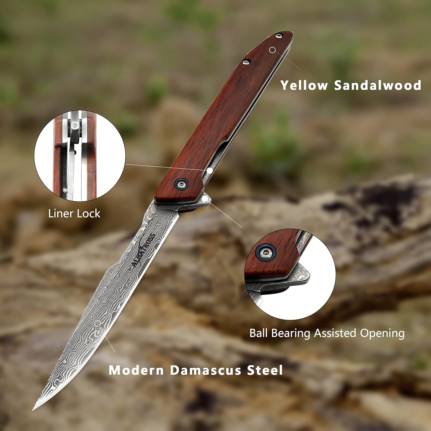 ALBATROSS EDC Thin VG10 Damascus Camping Folding Pocket Knife; 3.5" Damascus Blade, 4.5" Yellow Sandalwood Handle,Gifts Box/Collections (HGDK025) : Tools & Home Improvement