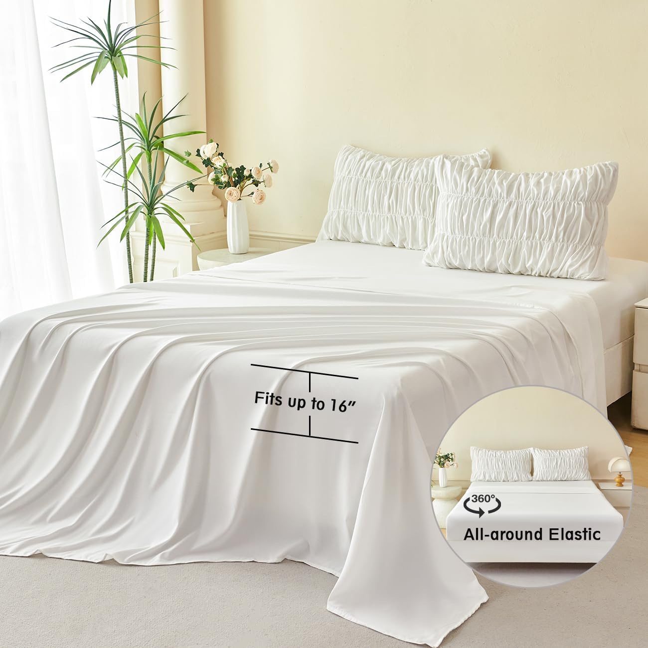 PERFEMET White Bedding Full Size Set, 5 Pieces Fluffy Ruched Comforter Set (79"x90"), Luxury Soft Boho Chic Ruffled Bed in a Bag with Sheet, All Season Farmhouse Pleated Texture Bed Sets(White, Full)