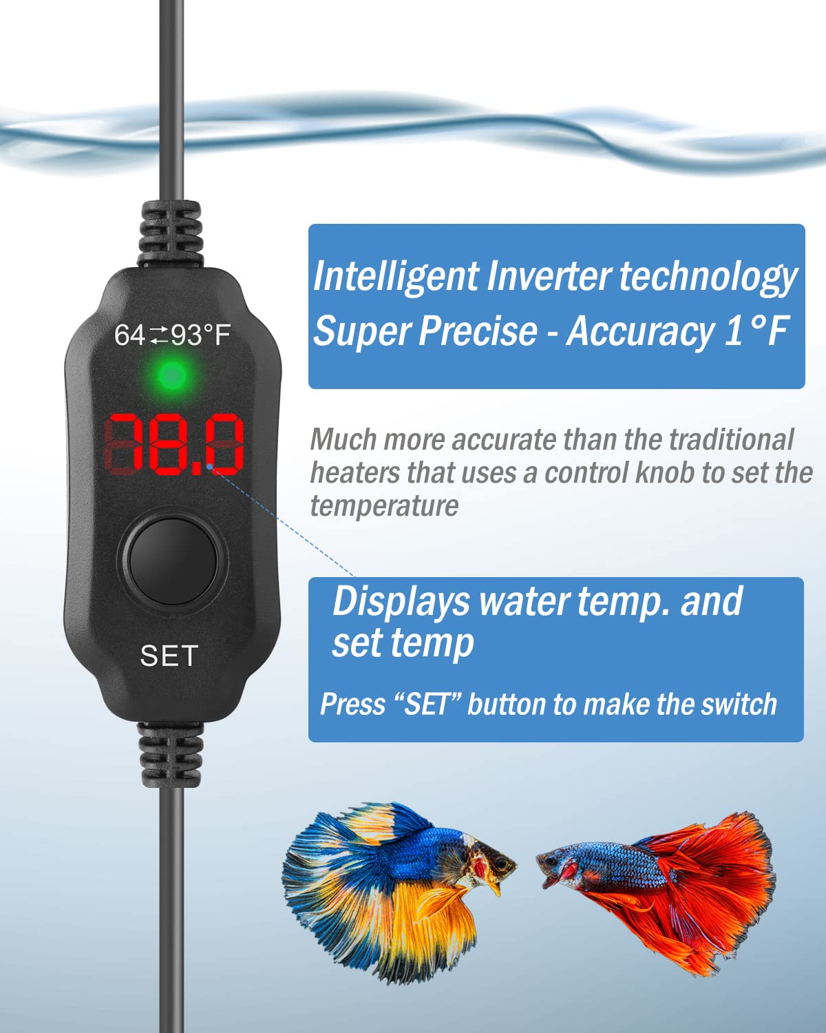 AquaMiracle Betta-Heizung, verstellbar, 10 W, kleiner Aquariumheizer, tauchfähig, 5 V/2 A, USB-betriebener Super-Mini-Aquarium-Heizstrahler mit Digitalanzeige-Thermostat, für bis zu 3,5 l Tanks