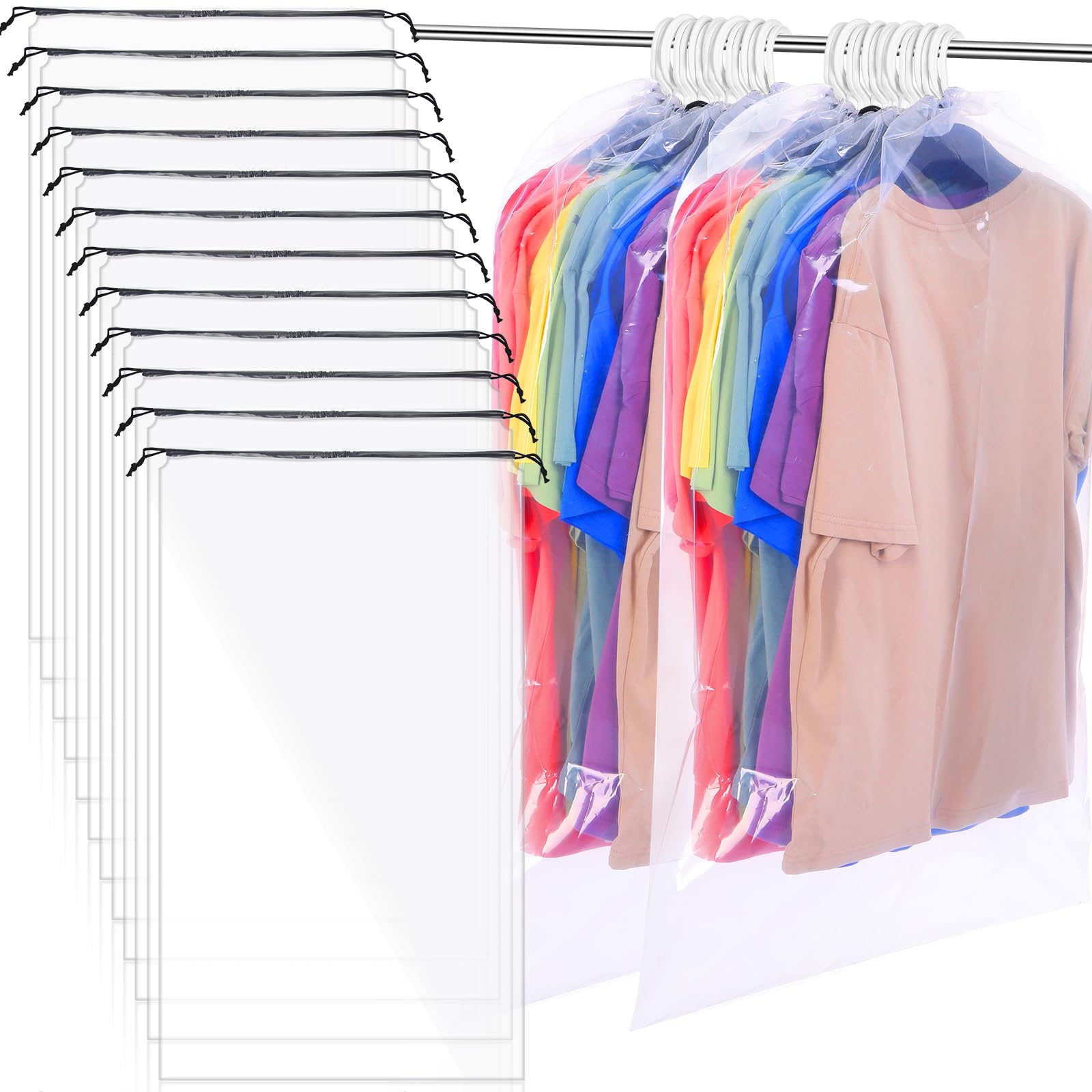 Huhumy Kleidersäcke mit Kordelzug, 61 x 101 cm, transparent, zum Aufhängen, für Reisen, Kleidersäcke für Schrank, Aufbewahrung, Umzug, 12 Packungen