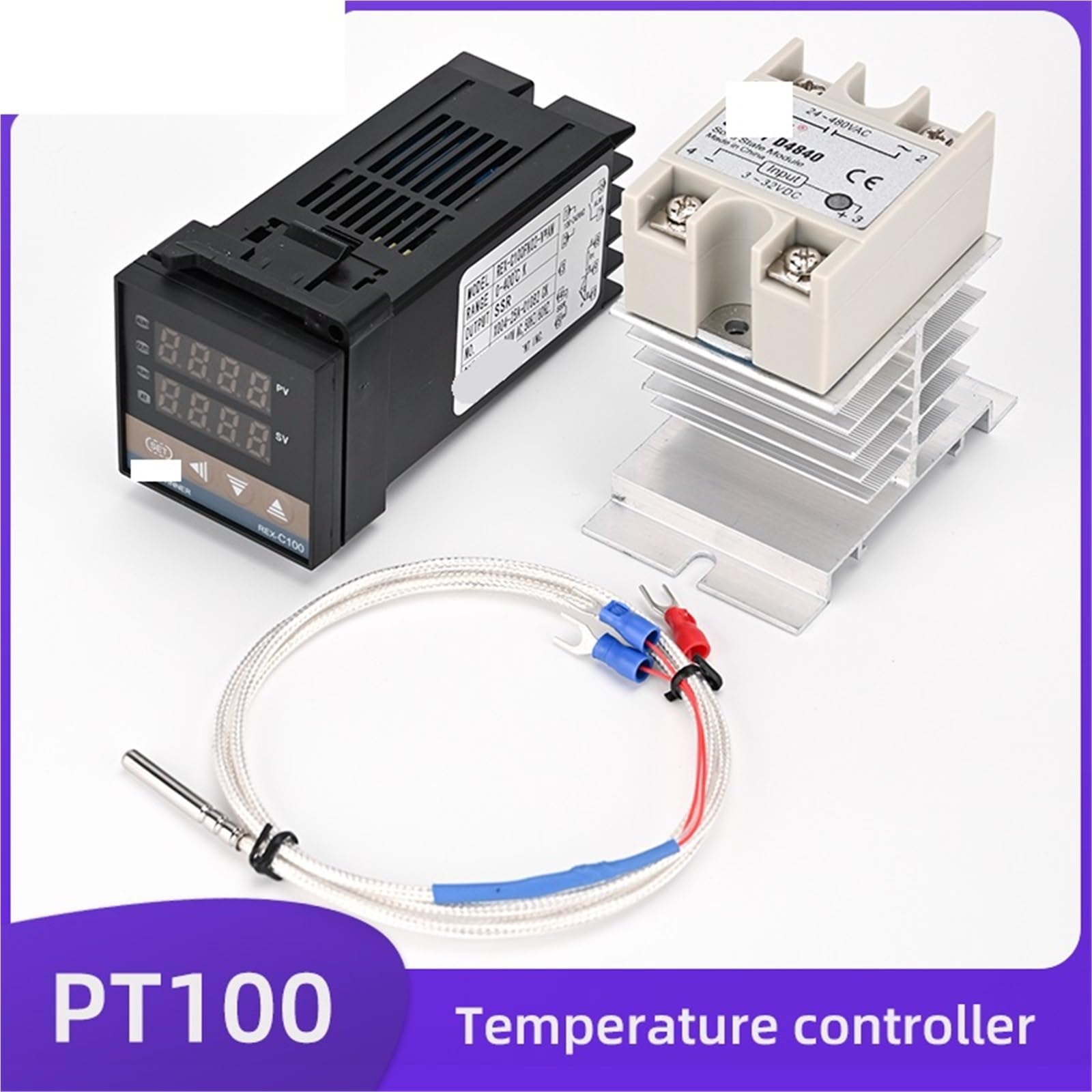 1 Uds REX-C100 controlador de temperatura PID AC110V-240V con SSR-40DA PT100 termopar disipador de calor relé de entrada o salida SSR(C100-V-AN PT100 SET2)