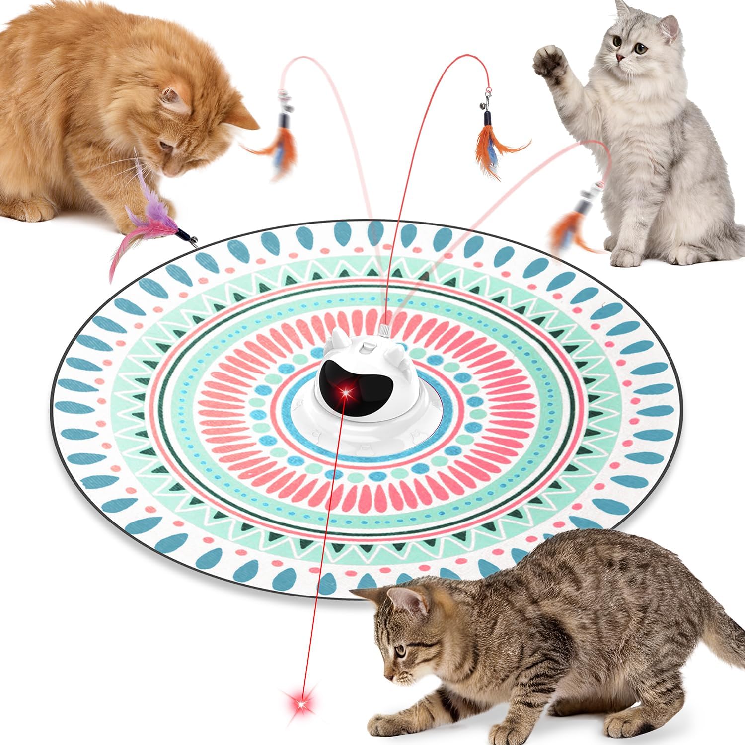 3 in 1 Automatic Interactive Cat Toy with Laser & Fluttering Feather, Rechargeable USB Laser Pointer Cat Toys for Indoor Cats, 360° Motion-Activated Hide and Seek Wand for Kittens & All Breeds