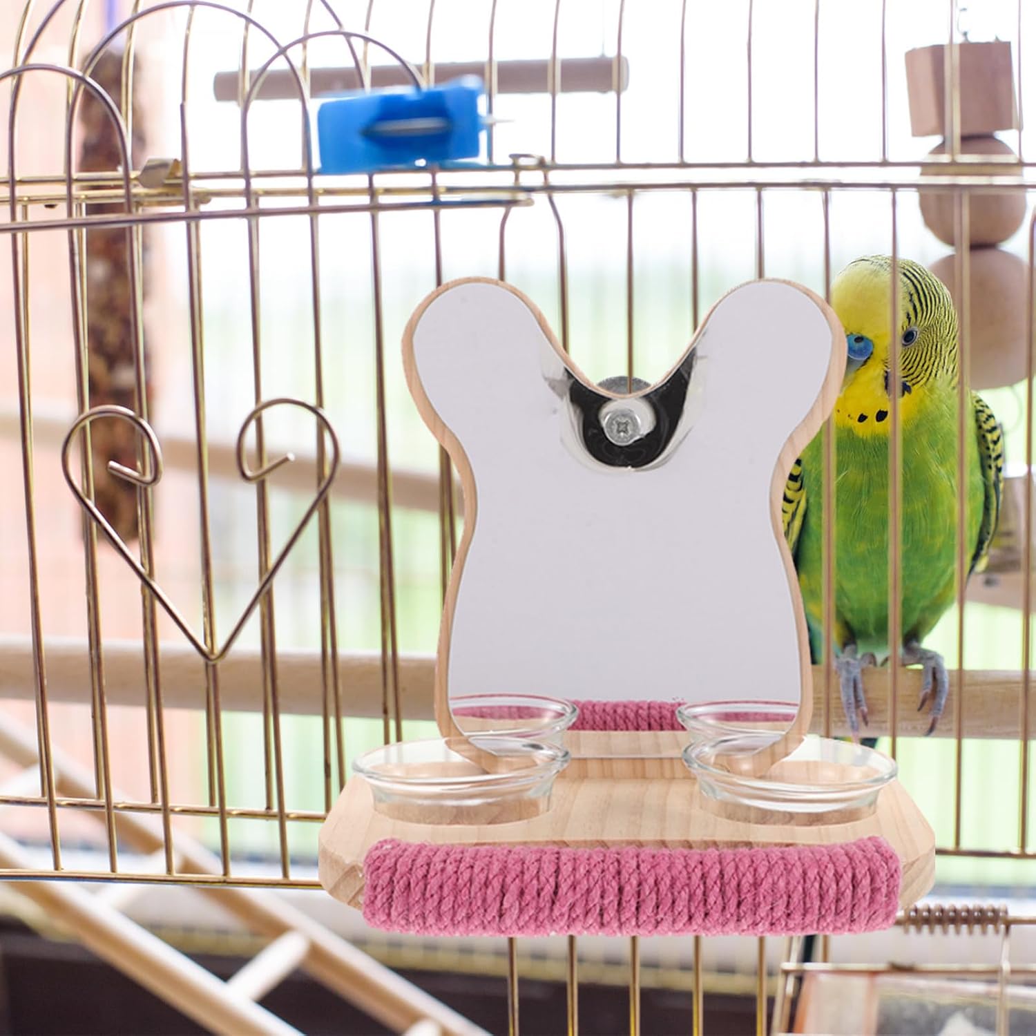 Wooden Parrot Play Stand with Integrated Feeding Bowl and Mirror, Elegant Platform Perch for Cockatiels and Parakeets, Versatile Feeding Station for Birdcage Accessories