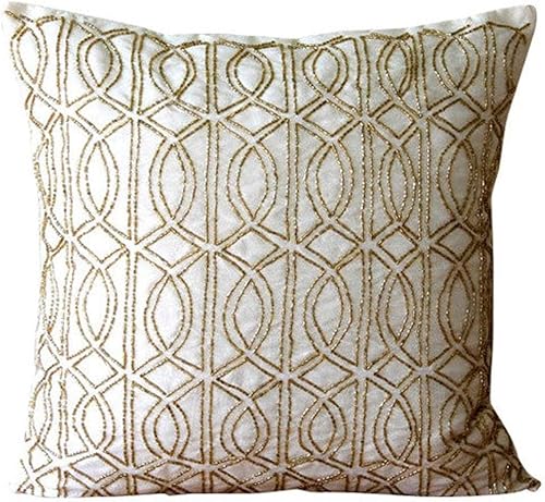 The HomeCentric Funda de almohada decorativa color marfil, funda de almohada de enrejado con cuentas, paquete de 2 fundas de almohada cuadradas de