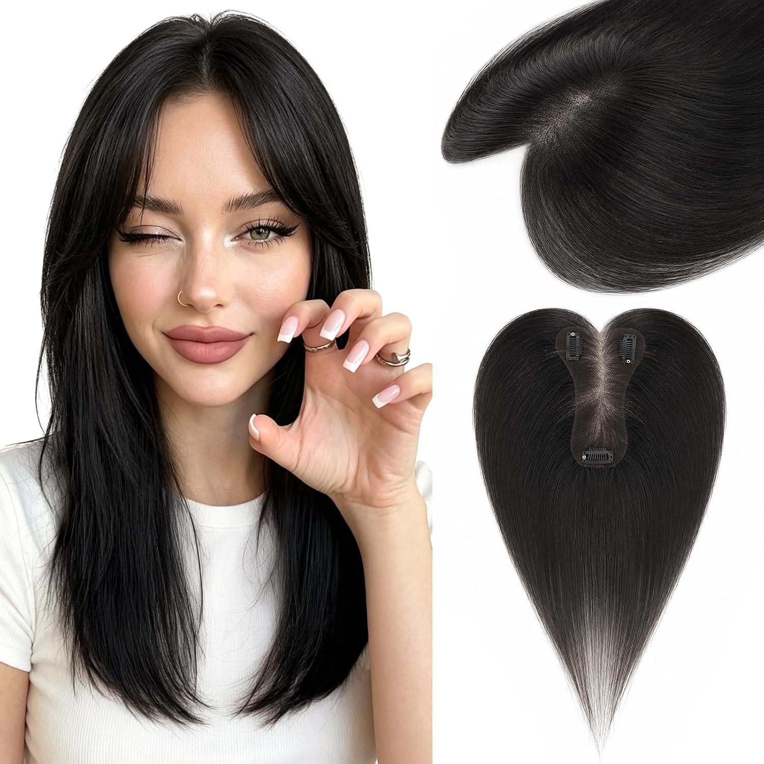 Hairro Human Hair Toppers For Thinning Hair Off Black Short Small Topper Hair Pieces For Women No Bang Side Bangs Wiglet 10 Inches 17g