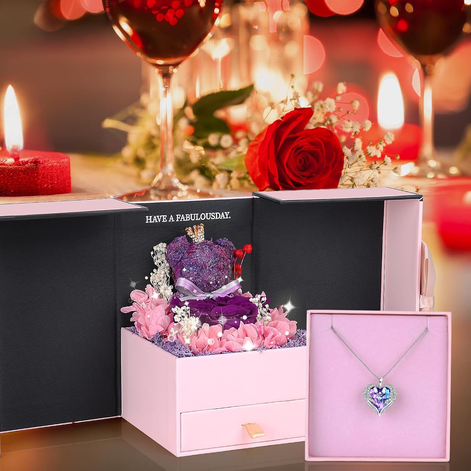 Suturun Preserved Real Roses for Her,Eternal Preserved Rose with Necklace Romantic Gift for Her, Mom,Wife,Girlfriend on Birthday Anniversary