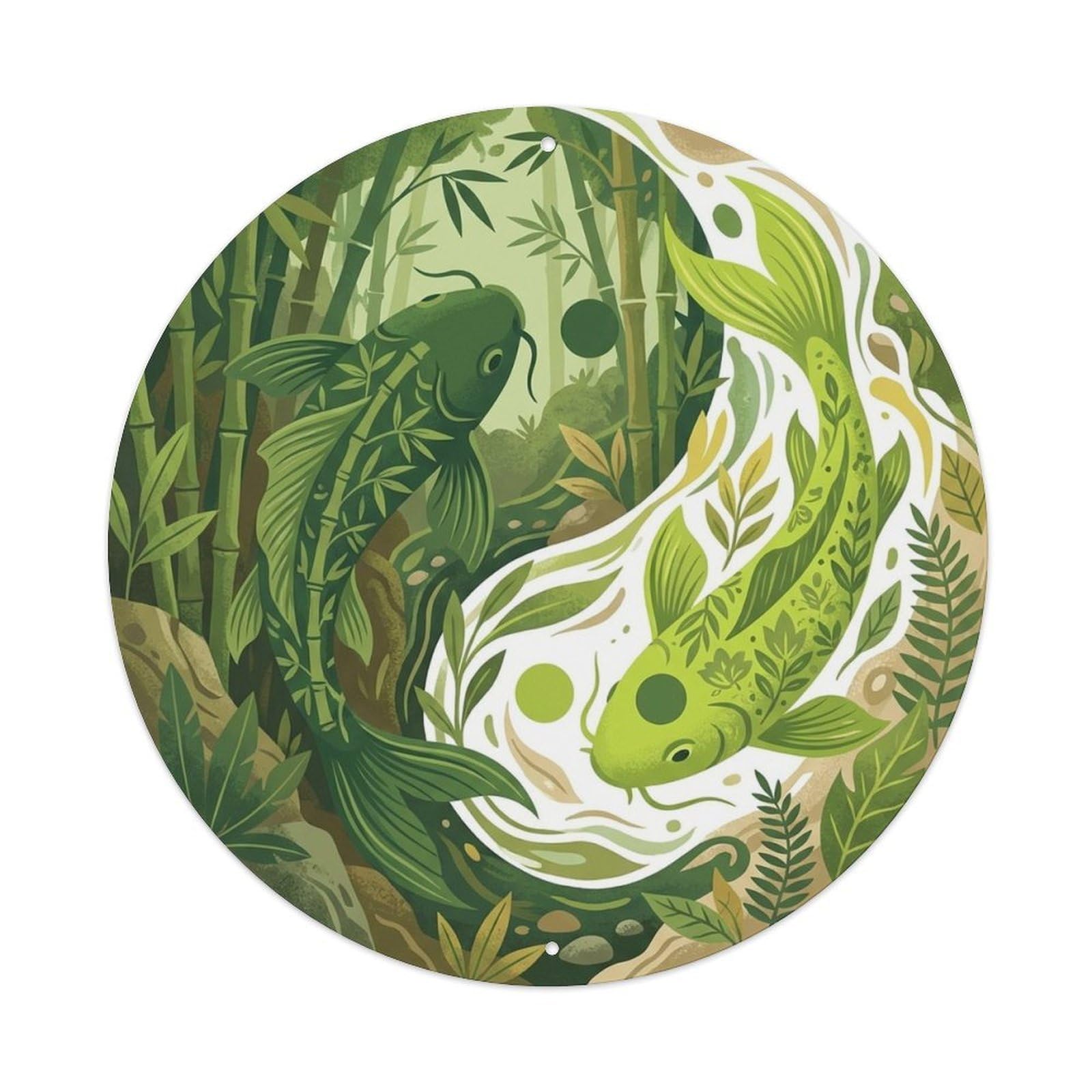 Olyhtr 8X8inch Classic Style Yin Yang Koi Garden Bamboo Forest Meditation Metal Tin Sign