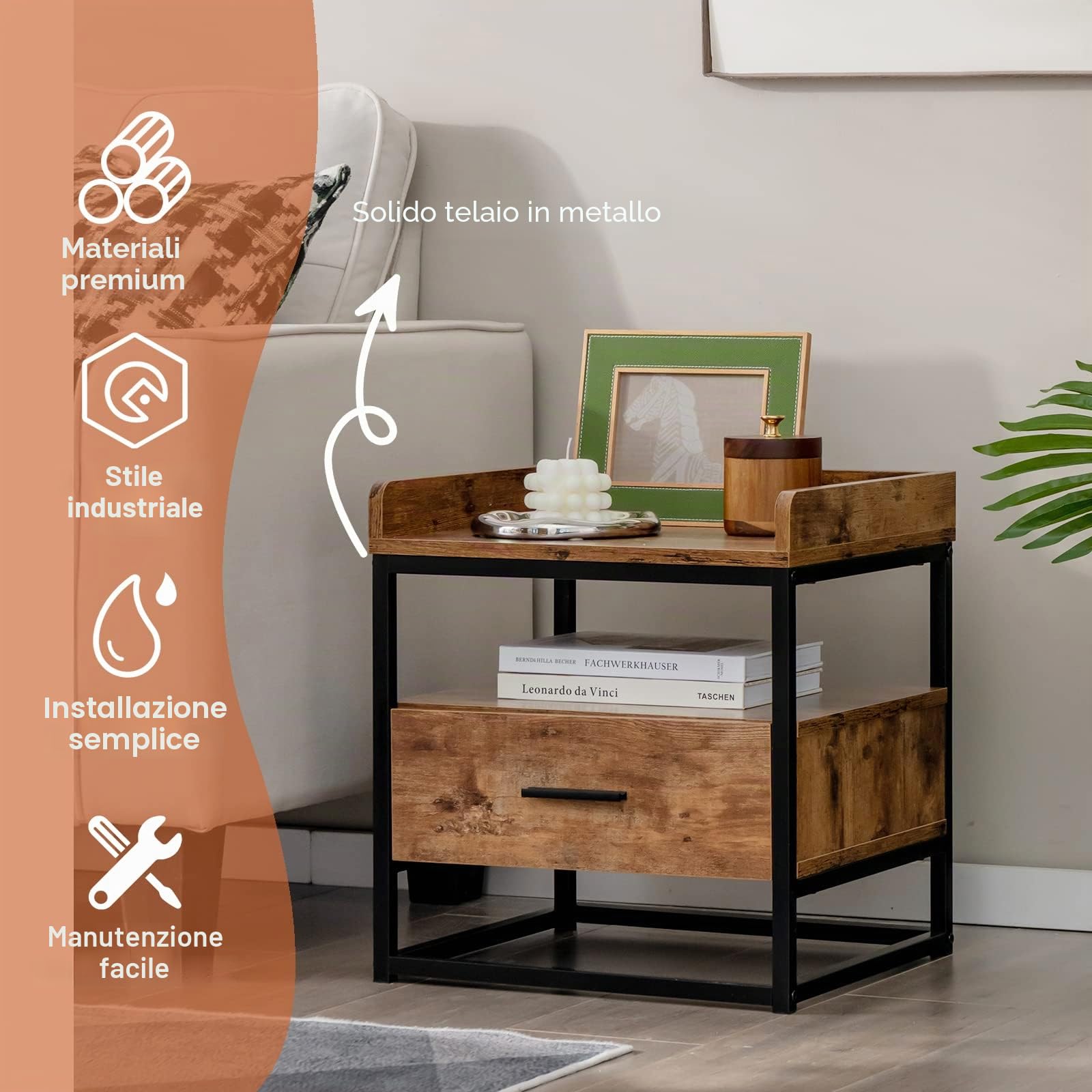 LIFEZEAL Comodino quadrato a 2 livelli con cassetto | Tavolino piccolo con design industriale e ripiani portaoggetti, per soggiorno e camera da letto