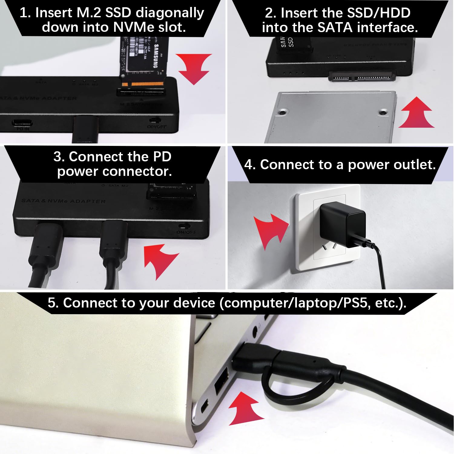 Boîtier M.2 NVMe et Adaptateur Disque, USB 3.2 Type-C /A 10Gbps boîtier Externe M.2 & Dock Disque SATA pour NVMe SSD Ainsi Que HDD/SSD 2,5/3,5 Pouces