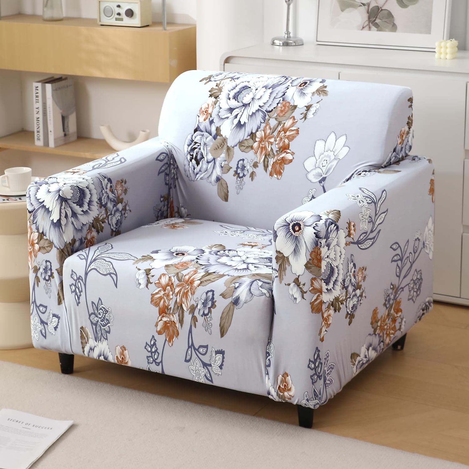 HOKIPO 4 Seater Sofa Cover - Grey Floral -16 HOKIPO 4 Seater Sofa Cover - Grey Floral -16