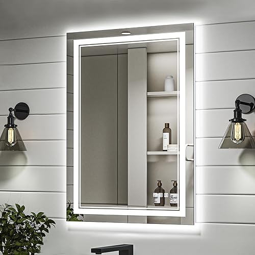 QueenFun Espejo de baño LED, espejo LED sin niebla frontal y retroiluminado para baño, espejo de baño regulable de 3 colores con luces, espejo LED