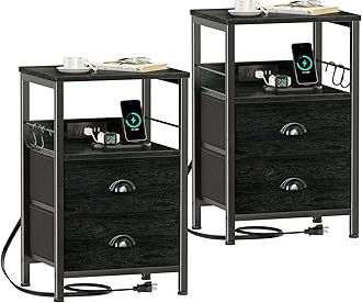 Furologee Nightstand Set of 2, Black Oak, with Charging Station and USB Ports, Side Tables with 2 Fabric Drawers, Bedside Tables with Storage Shelf & Hooks, for Living Room/Bedroom