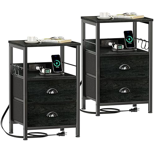Furologee Nightstand Set of 2, Black Oak, with Charging Station