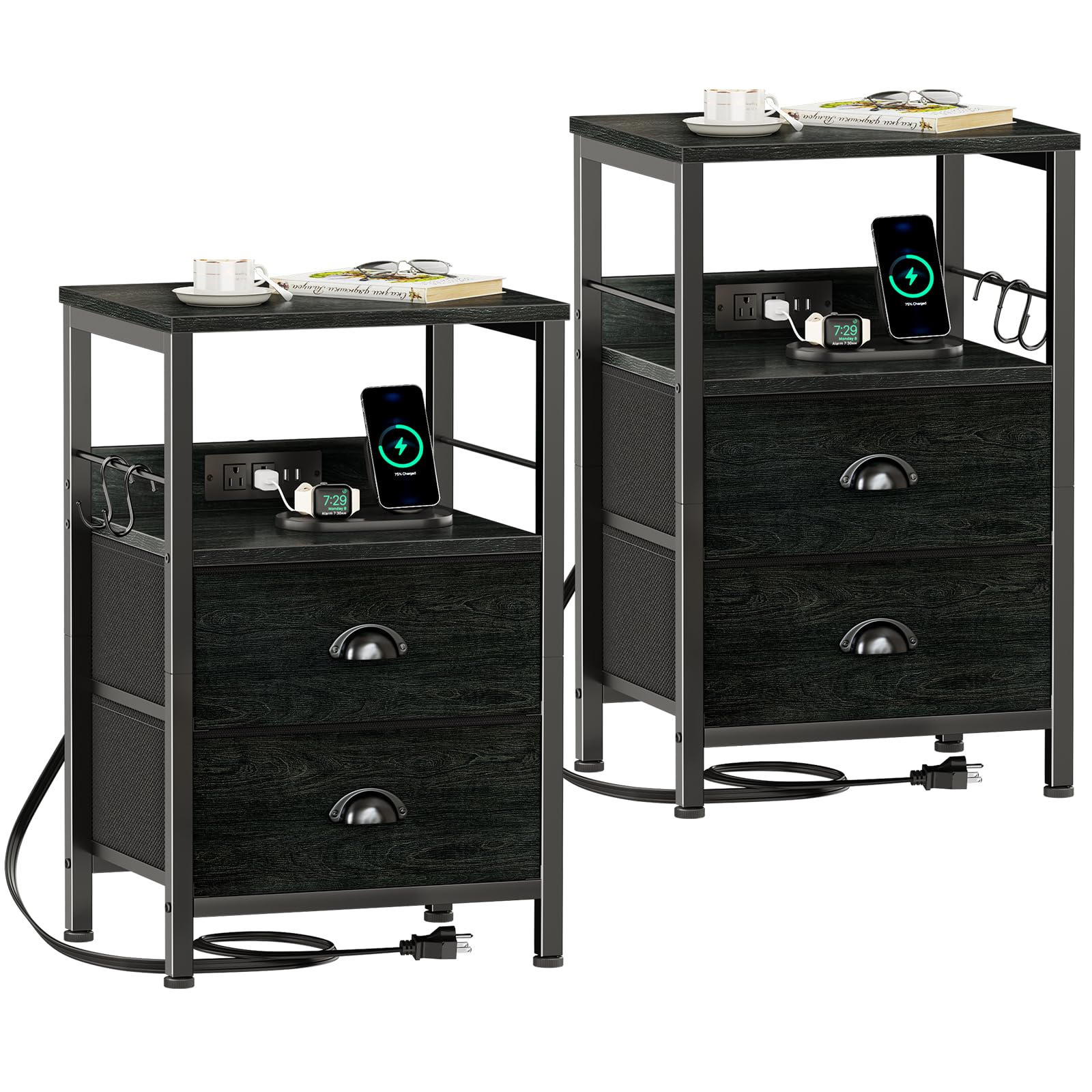 Furologee Nightstand Set of 2, Black Oak, with Charging Station and USB Ports, Side Tables with 2 Fabric Drawers, Bedside Tables with Storage Shelf & Hooks, for Living Room/BedroomThe Forest Stewardship Council
