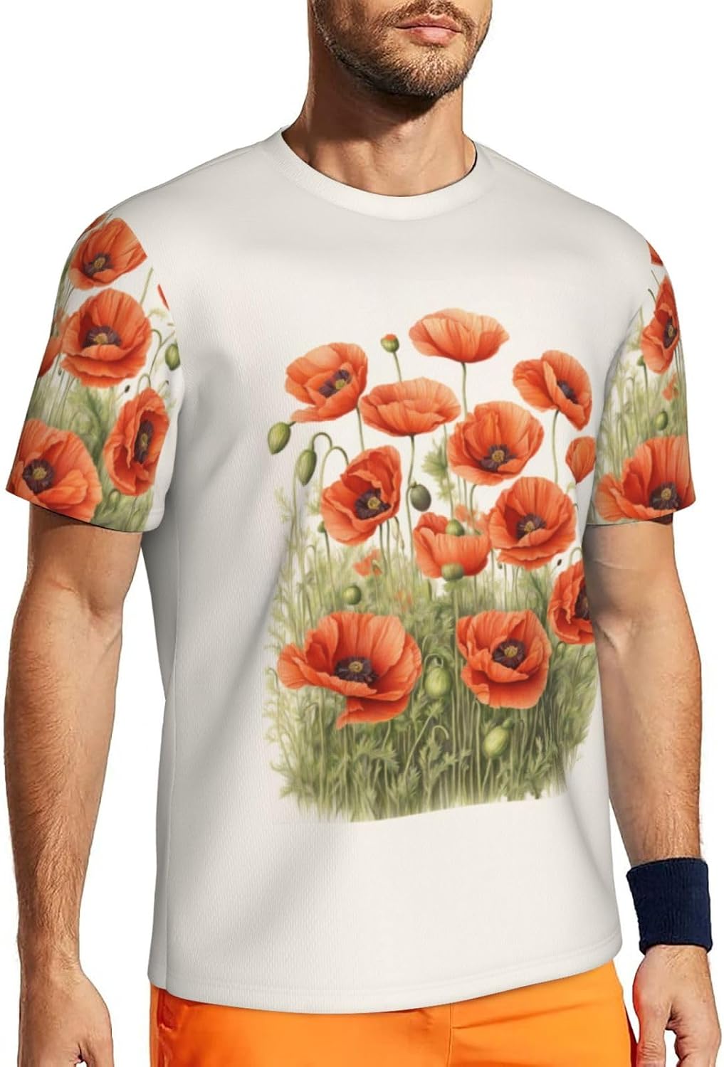 Poppy Flowers Print Mens Short Sleeve Mesh T-Shirt Breathable Athletic Gym Running Casual Sports Wear