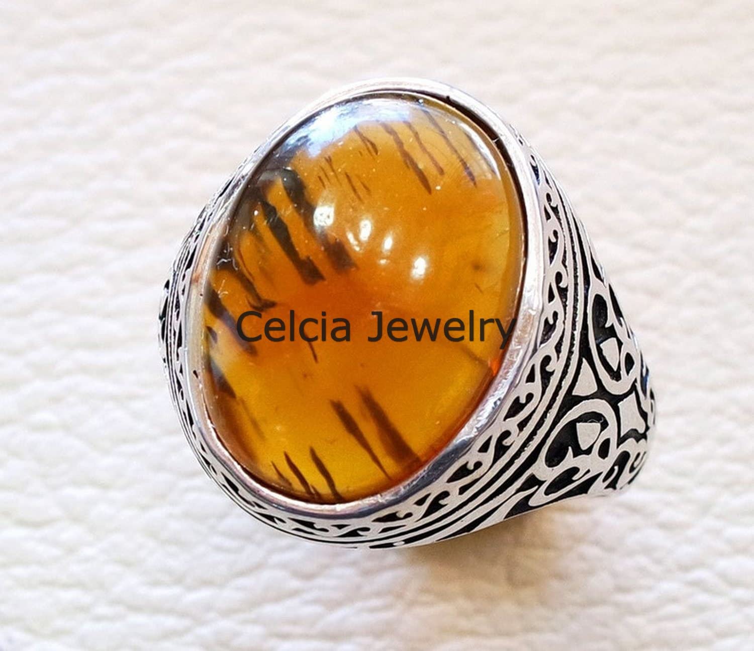 Anillo clásico de piedra preciosa genuina de ámbar báltico, joyería única hecha a mano para hombres, anillo de declaración, anillo de sello, hermosos regalos para el día del padre