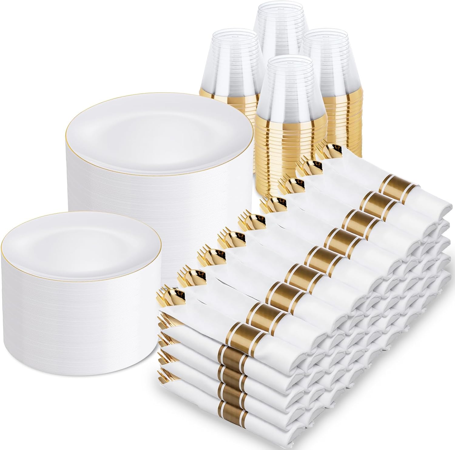 Nervure 720PCS White and Gold Plastic Plates - Gold Plastic Dinnerware Sets for 100 Guests - 200 Disposable Plates, 300 Silverware, 120 Cups, 100 Napkins for Wedding & Party & Mother's Day