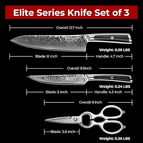 Miniatura 5 de Sunnecko Juego de 3 cuchillos de chef, juego de cuchillos de cocina de Damasco, acero japonés VG10 de alto carbono, espiga completa