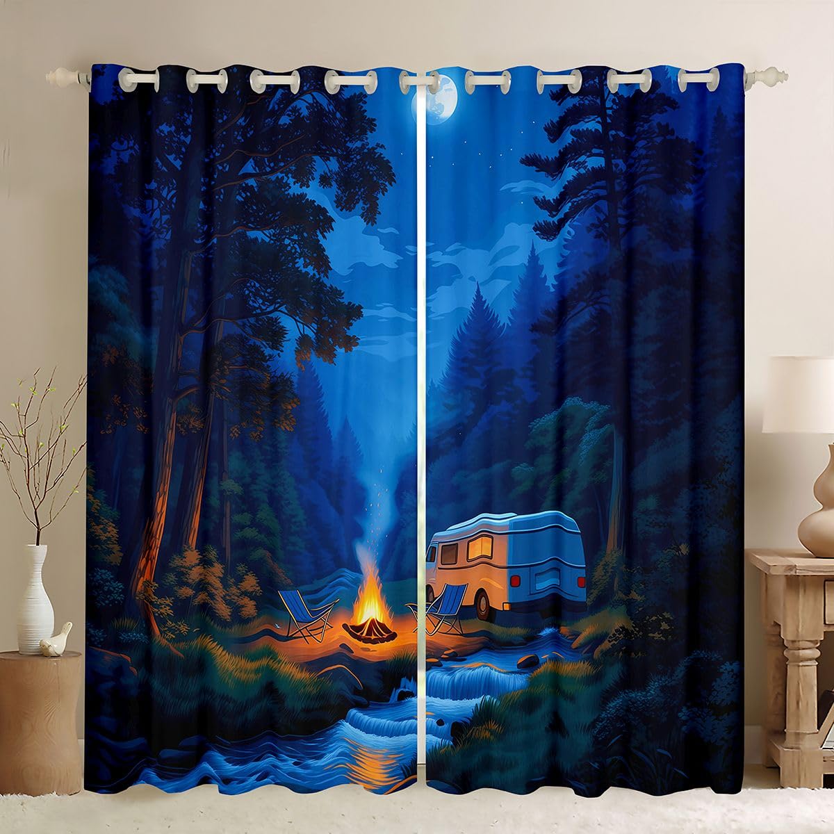 RV Lot de 2 rideaux de fenêtre de camping pour filles et garçons, taille M, nature, aventure, bons rideaux occultants, feu de camp nocturne, 183 x 117 cm