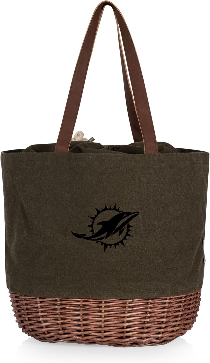 PICNIC TIME NFL Coronado Canvas and Willow Basket Tote, Picnic Tote Bag, Beach Tote, (Khaki Green with Beige Accents)