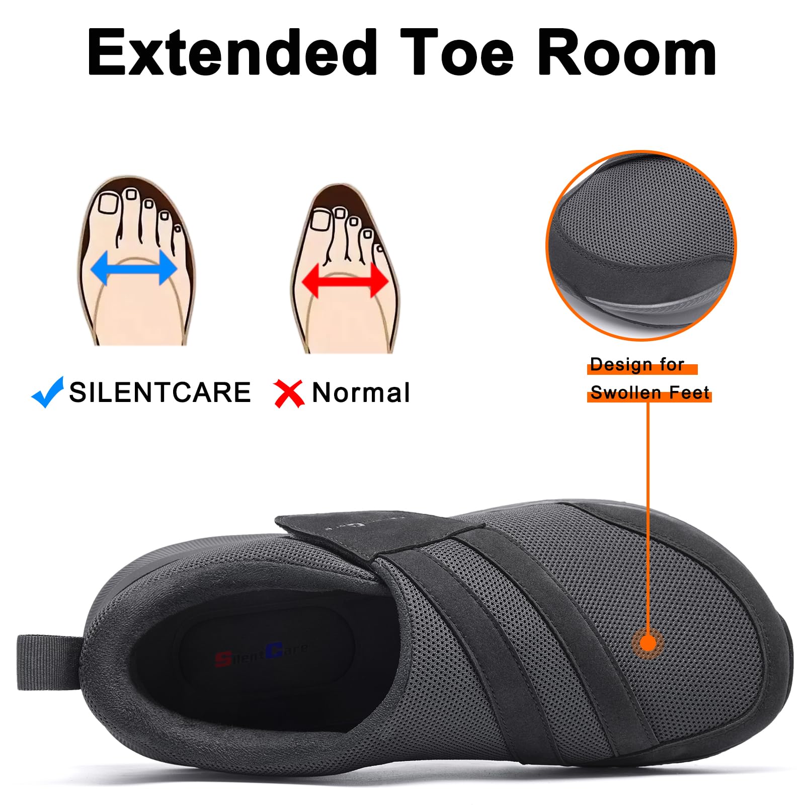 SILENTCARE Zapatos para diabéticos para hombre, puntera ancha, zapatos sin cordones para pies hinchados, zapatos ajustables para caminar para ancianos, alivio del dolor de pies, neuropatía