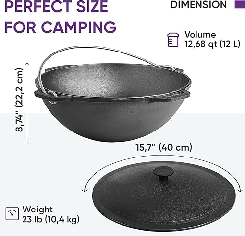 Miniatura 9 de Olla de horno holandés con tapa, caldero asiático de hierro fundido (Kazán) con tapa de hierro fundido, wok kazan, olla de cocina, utensilios de