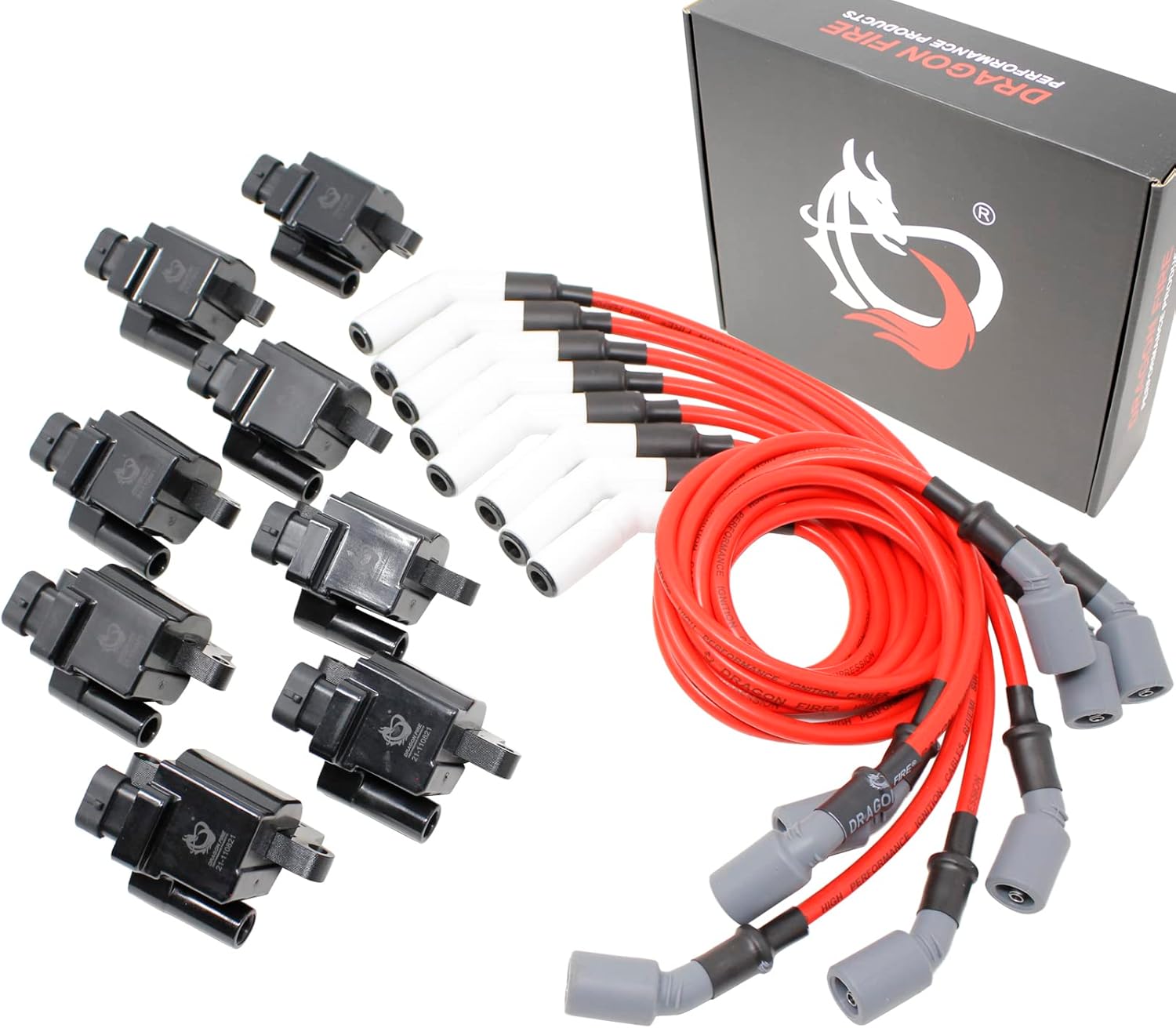 DRAGON FIRE PERFORMANCE Power Pack High Temperature Ceramic Low Ohm Plug Wires and Performance Ignition Coils Compatible With 2000-2010 Mercruiser 496 8.1L HO MAG Engines Oem Fit Kit-1513