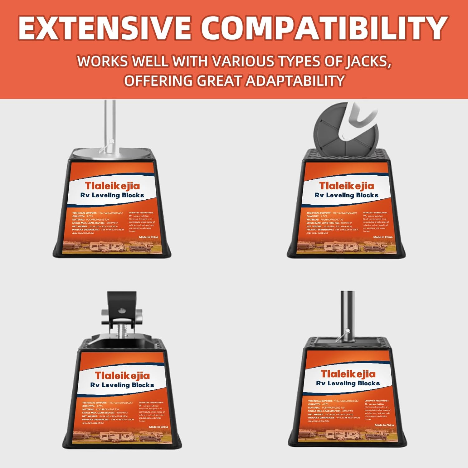 Trailer Jack Block, RV Leveling Blocks, 6000 lbs Capacity, Set of 4, Polypropylene RV Camper Stabilizer Blocks, Stackable Leveling Support for Camper Trailer